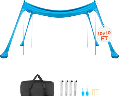 VEVOR Beach Tent Sun Shelter, UPF50+ Sun Protection, 6.6 ft Tall, 10x10 ft, Easy Pop Up Beach Canopy with 4 Sandbags, Stability Poles, Sand Shovels, Portable Shade for Family Outings, Camping, Fishing