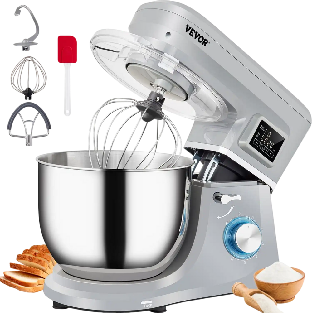 VEVOR Stand Mixer, 660W Electric Dough Mixer with 6 Speeds LCD Screen Timing, Tilt-Head Food Mixer with 7.4 Qt Stainless Steel Bowl, Dough Hook, Flat Beater, Whisk, Scraper, Splash-Proof Cover - Gray