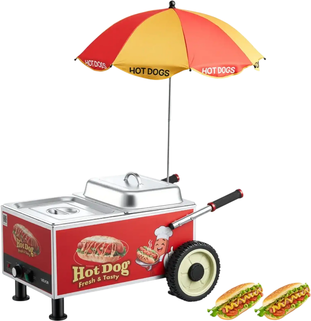 VEVOR Hot Dog Steamer Cart, 1200W Electric Stainless Steel Hot Dog Steam Machine, 86-203°F Temp Adjustable, Portable Cart with Eye-Catching Umbrella & Wheels, for Bakeries, Food Stands, Parties
