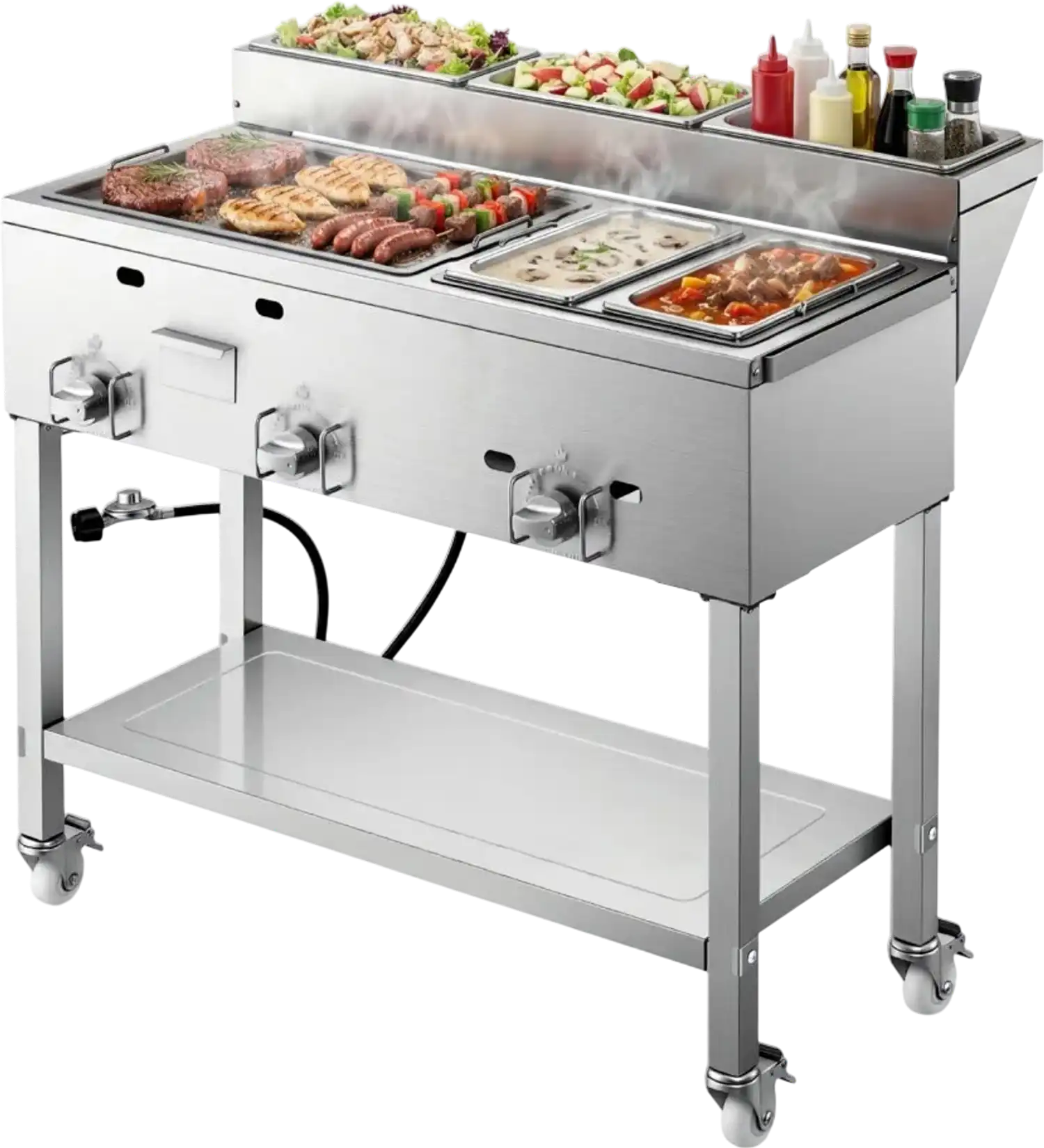 Vevor Griddle Outdoor Propane 3-Burner Stainless Steel Cart with Warming Pans New