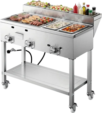 Vevor Griddle Outdoor Propane 3-Burner Stainless Steel Cart with Warming Pans New