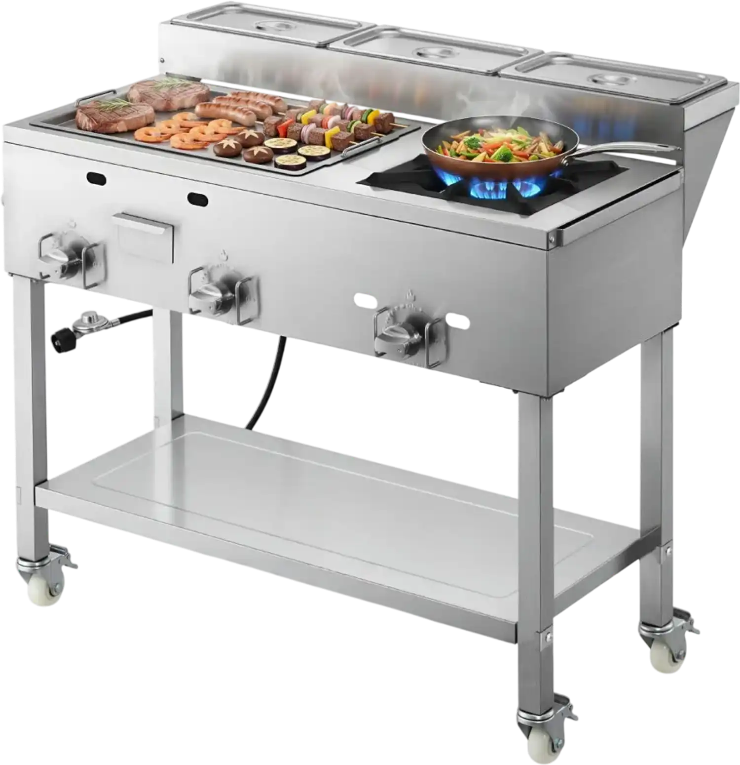 Vevor Griddle Outdoor Propane 3-Burner Stainless Steel Cart with Food Pans and Wheels New