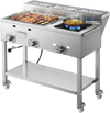 VEVOR Outdoor Propane Griddle, 3 Burners (11,600 BTU Each), Commercial Stainless Steel Griddle with Three 1/3 Size Food Pans, Portable Cart with Wheels & Gas Stove, for Hot Dogs, Burgers & Meats