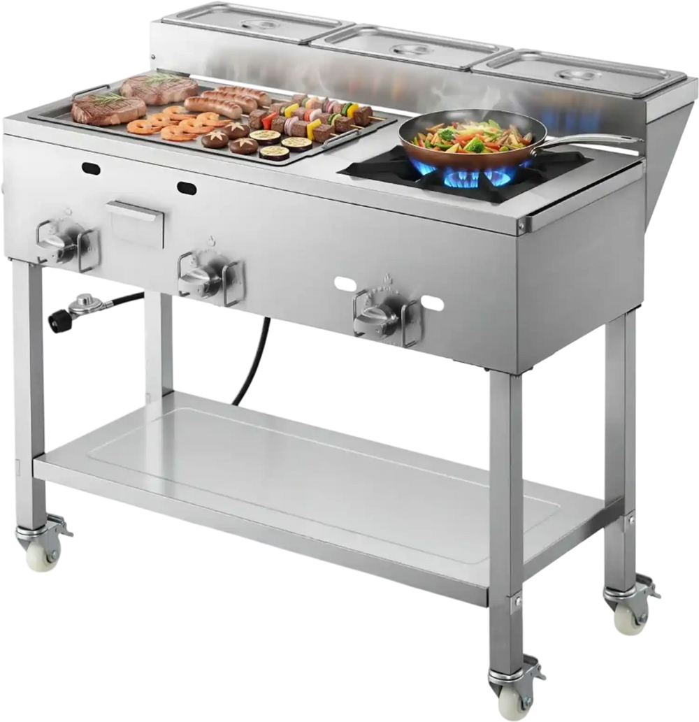 VEVOR Outdoor Propane Griddle, 3 Burners (11,600 BTU Each), Commercial Stainless Steel Griddle with Three 1/3 Size Food Pans, Portable Cart with Wheels & Gas Stove, for Hot Dogs, Burgers & Meats