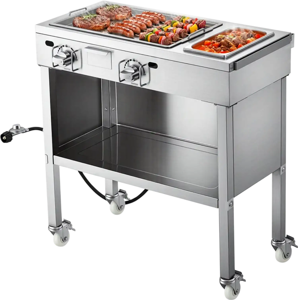 VEVOR Outdoor Propane Griddle, 2 Burners (11,600 BTU Each), Commercial Stainless Steel Gas Griddle Cart with 4 Lockable Wheels, 1/3 Food Pan, Easy-Grip Side Handle, Ideal for Hot Dogs, Burgers & Meats