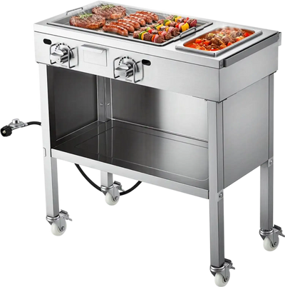 VEVOR Outdoor Propane Griddle, 2 Burners (11,600 BTU Each), Commercial Stainless Steel Gas Griddle Cart with 4 Lockable Wheels, 1/3 Food Pan, Easy-Grip Side Handle, Ideal for Hot Dogs, Burgers & Meats