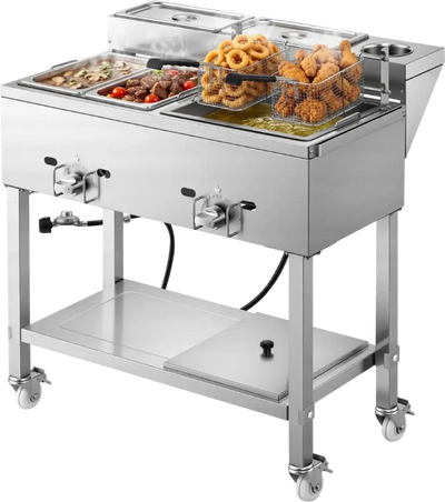 Vevor Fryer Cart Outdoor Propane Deep Fryer with 2 Burners and Food Warming Pans New