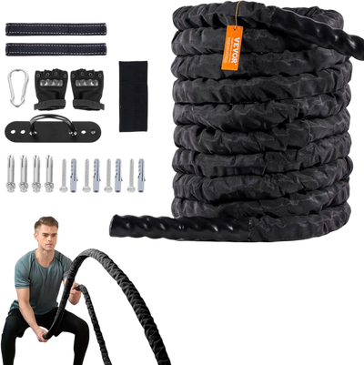 VEVOR Battle Rope, 1.5 Inch Diameter 30Ft Length Polyester Exercise Rope, Battle Exercise Equipment with Protective Sleeve & Anchor, Heavy Weighted Rope for Home Gym Workout Core Strength Training