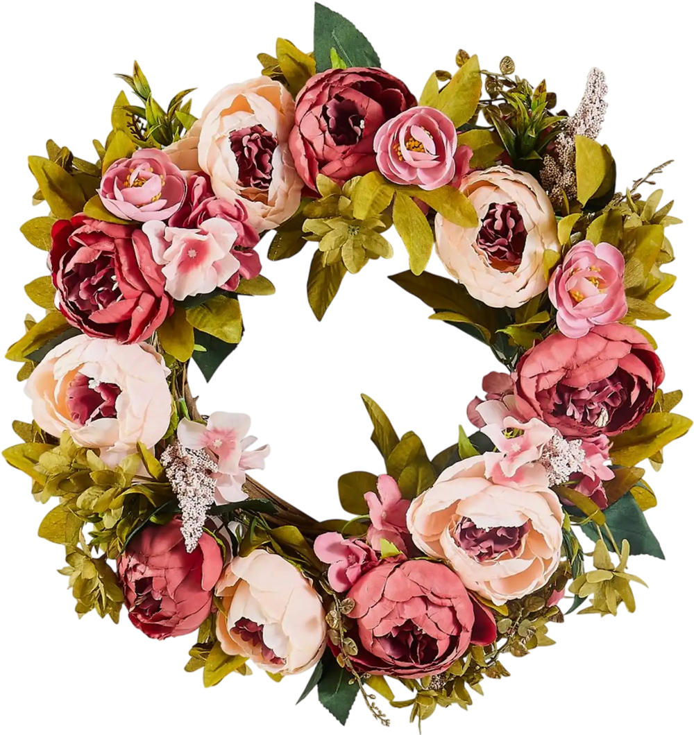 VEVOR Artificial Decorative Wreath, 19 in, Pink, Decorated with Peonies, Hydrangeas, Babysbreath, Year Round Wreath for All Seasons Indoor and Outdoor Home Wall Window Festival Wedding Decorations