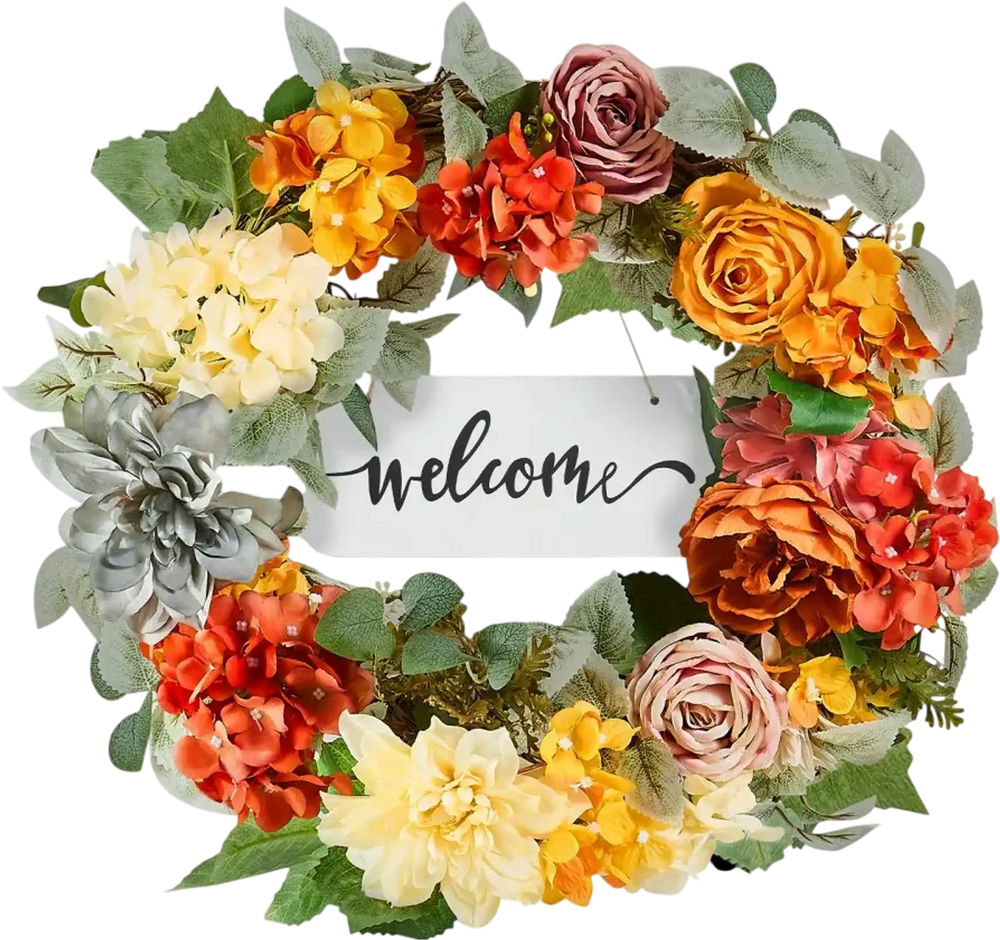 VEVOR Artificial Decorative Wreath, 24 in, Red Orange Yellow, Decorated with Hydrangeas, Roses, Wooden Sign, Year Round Wreath for All Seasons Indoor and Outdoor Home Wall Window Festival Decorations