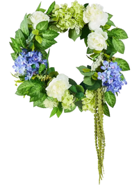VEVOR Artificial Decorative Wreath, 23 in, Blue White Green, Decorated with Hydrangeas, Roses, Berries, Vines, Year Round Wreath for All Seasons Indoor and Outdoor Home Wall Window Festival Decor