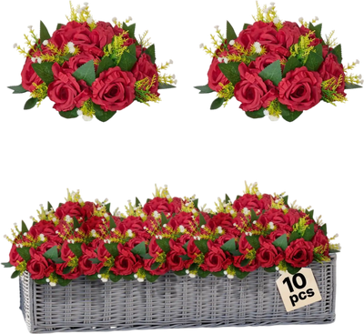 VEVOR Flower Balls Arrangement Bouquet 10 PCS, 9.5-Inch Wedding Red Roses Centerpieces, Fake Flowers Kissing Balls Decor Artificial Floral Arrangements Flower Bouquet for Home Party Table Decorations