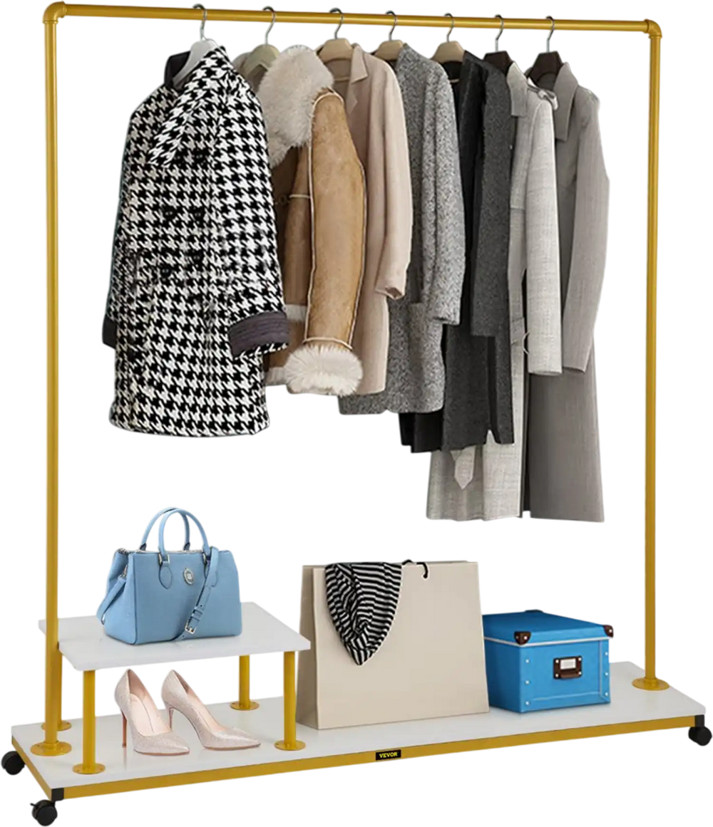 VEVOR Clothing Garment Rack, 59.1\"x14.2\"x63.0\", Heavy-Duty Clothes Rack with Bottom Shelf & Side Shelf, 4 Swivel Casters, Sturdy Steel Frame, Rolling Clothes Organizer for Retail Store Boutique, Go