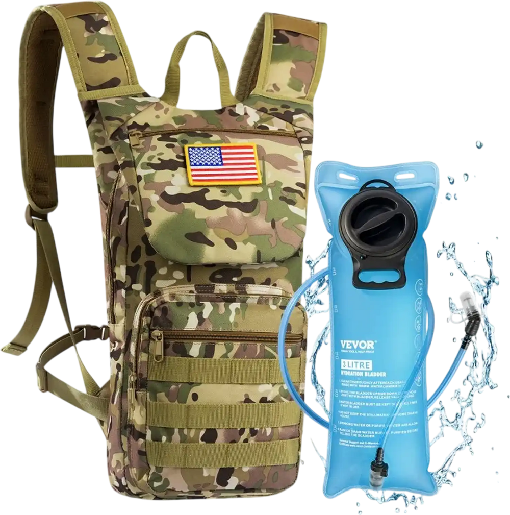 VEVOR Hydration Backpack, Water Backpack with 3L TPU Water Bladder, Tactical Molle Hiking Hydration Pack with Storage for Men Women, Hydro Water Daypack for Hiking Running Cycling Camping