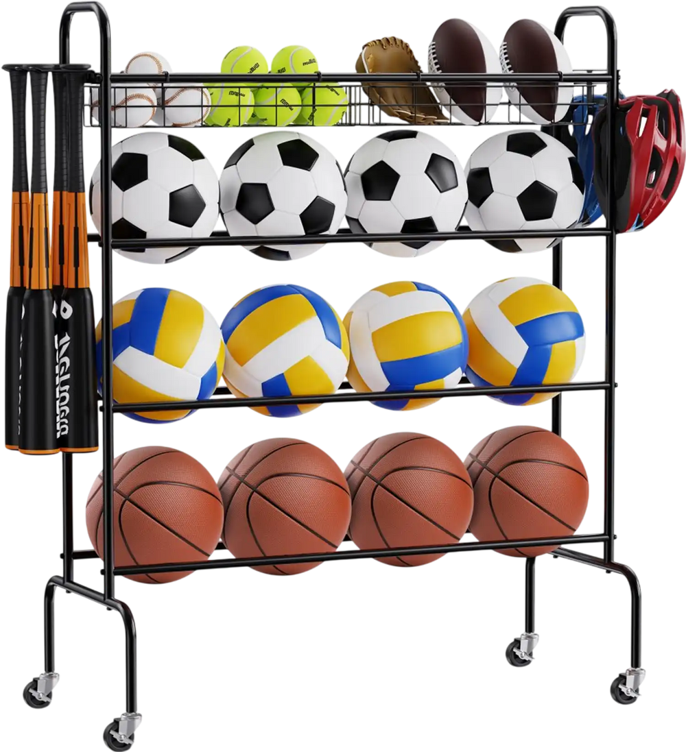 VEVOR Basketball Rack, 4-Layers Rolling Basketball Shooting Training Stand, Sports Equipment Storage Organizer with Wheels, Hooks and Baskets, Garage Ball Storage Holder for Football Soccer Volleyball
