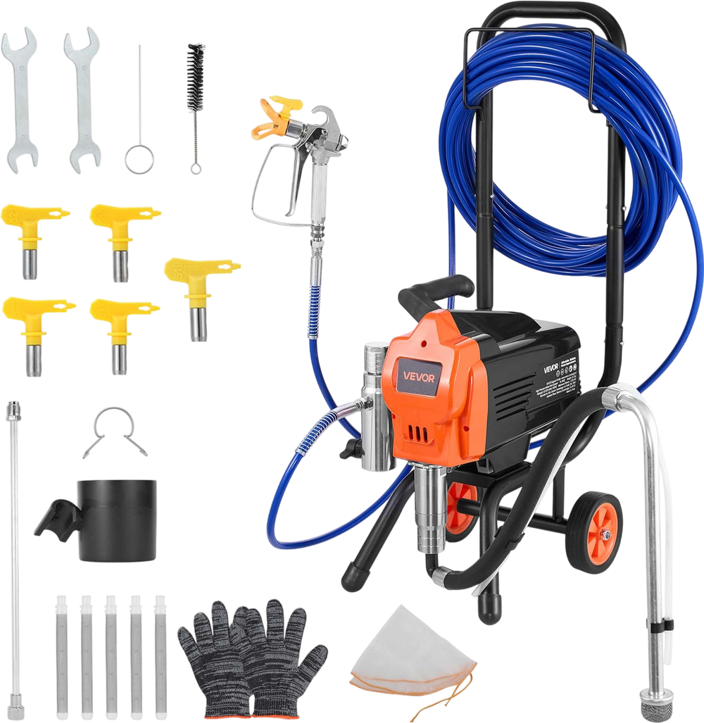 VEVOR Stand Airless Paint Sprayer, 1500W, 3300PSI High Pressure Airless Sprayer with Cart, Cleaning Brush, Hose, Extension Rod, Nozzles, Electric Spray Paint Machine for Large Apartments, Buildings