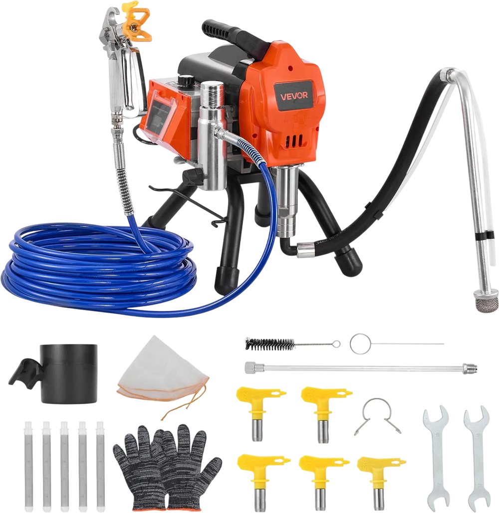 VEVOR Stand Airless Paint Sprayer, 1500W, 3300PSI High Pressure Airless Sprayer, Cleaning Brush, Hose, Extension Rod, Nozzles, Electric Spray Paint Machine for Large Apartments, Factory Buildings