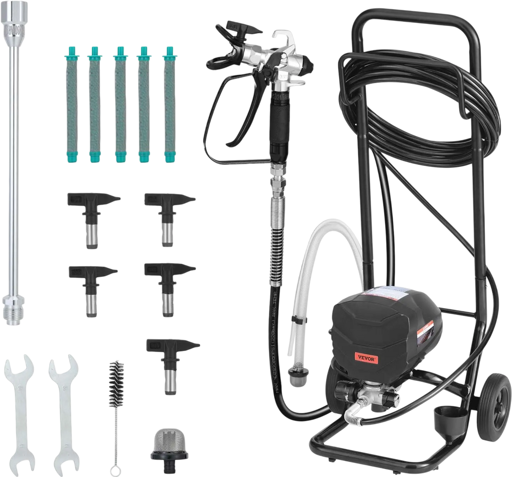 VEVOR Stand Airless Paint Sprayer, 650W, 3000PSI High Pressure Airless Sprayer with Cart, Cleaning Brush, Hose, Extension Rod, Nozzles, Electric Spray Paint Machine for House Exterior and Interior