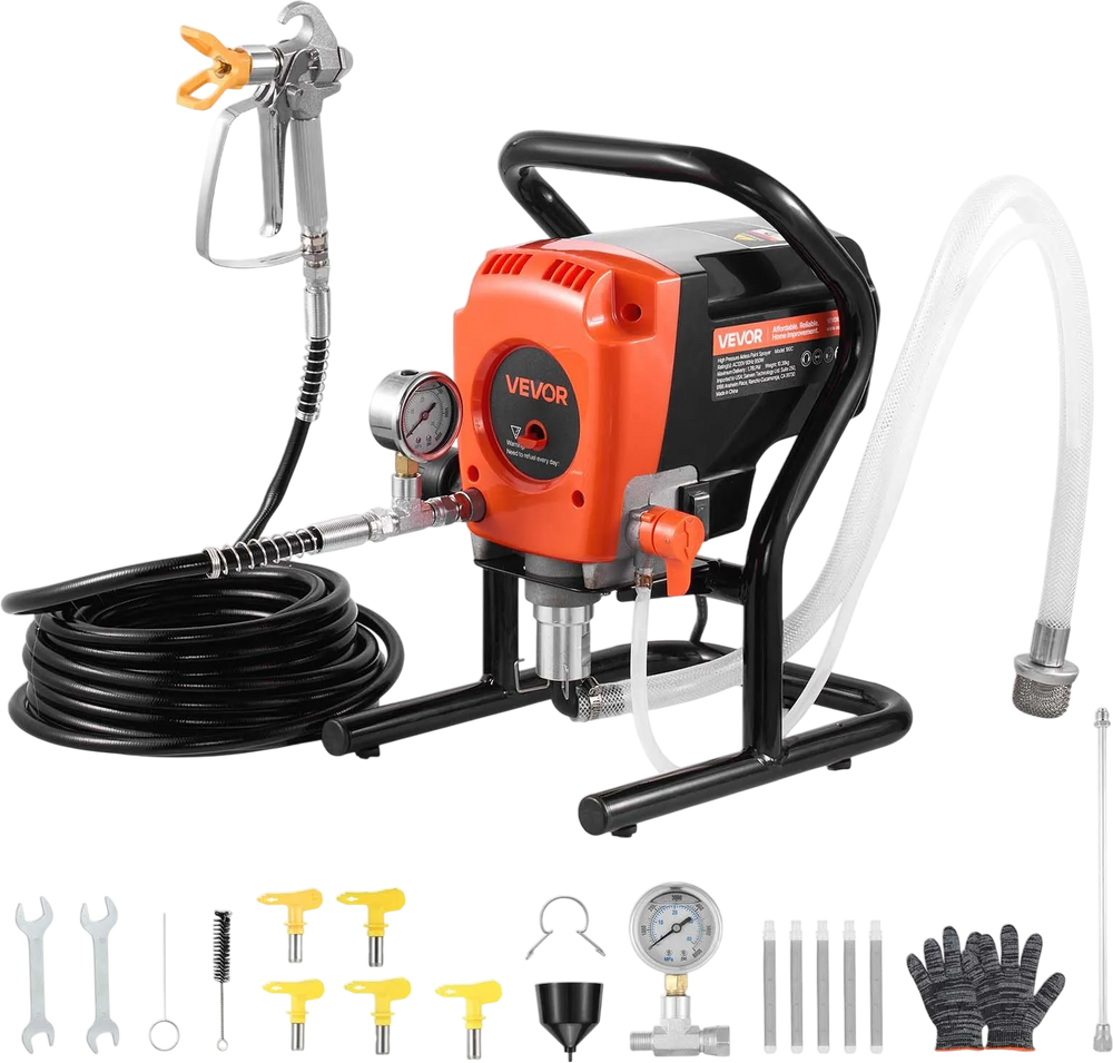 VEVOR Stand Airless Paint Sprayer, 900W, 3300PSI High Pressure Airless Sprayer, Cleaning Brush, Hose, Extension Rod, Nozzles, Electric Spray Paint Machine for Interior or Exterior of House, Fence