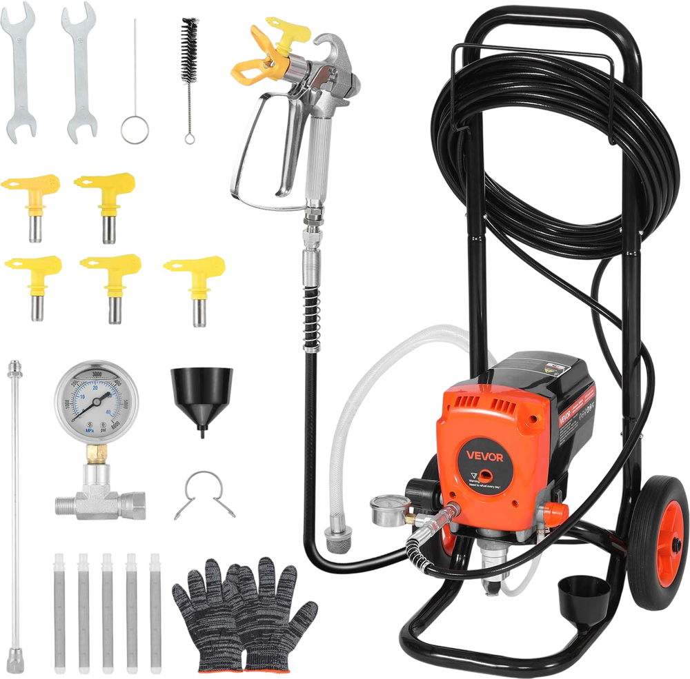 VEVOR Stand Airless Paint Sprayer, 900W, 3300PSI High Pressure Airless Sprayer with Cart, Cleaning Brush, Hose, Extension Rod, Nozzles, Electric Spray Paint Machine for Interior or Exterior of House