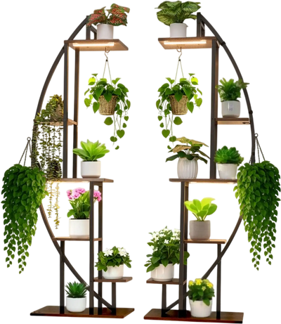 VEVOR Plant Stand Indoor with Grow Lights, 63 in Tall 6-Tiered Lighted Plant Shelf, 2 Pack Metal Corner Plants Holder, 3 Timer & 10 Brightness, Half-Moon Shaped Flower Display Rack for Living Room