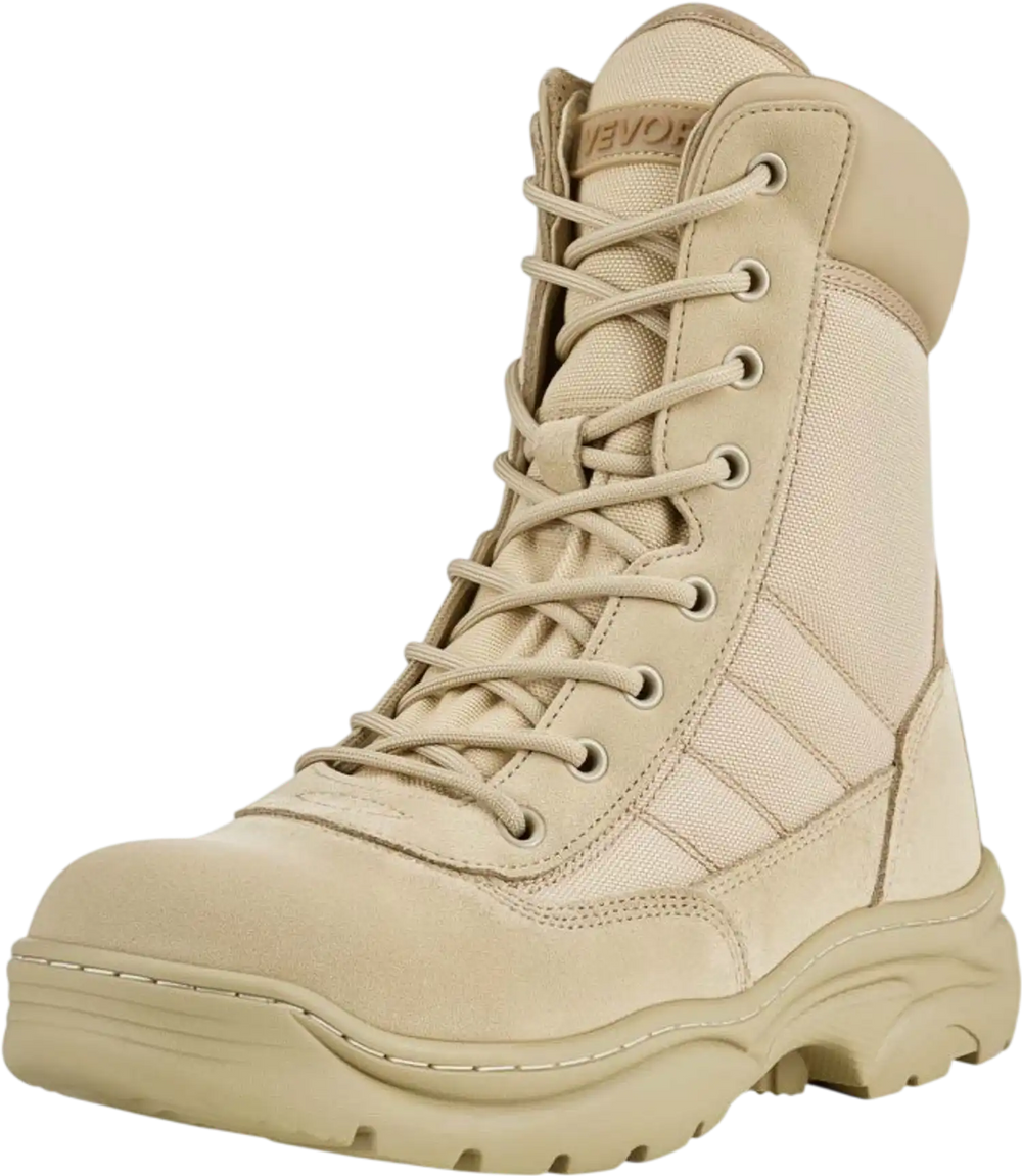 VEVOR Men's Military Tactical Boots, 8 inch Combat Hiking Work Boots, Lightweight & Breathable Side Zipper Motorcycle Interceptor Trooper Boot, for Outdoor Security, US Size 10.5 Sand-colored