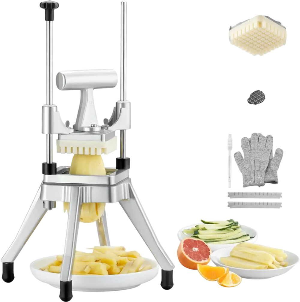 VEVOR Commercial Vegetable Fruit Chopper 3/8″ Blade Heavy Duty Professional Food Dicer Kattex French Fry Cutter Onion Slicer Stainless Steel for Tomato Peppers Potato Mushroom, Sliver