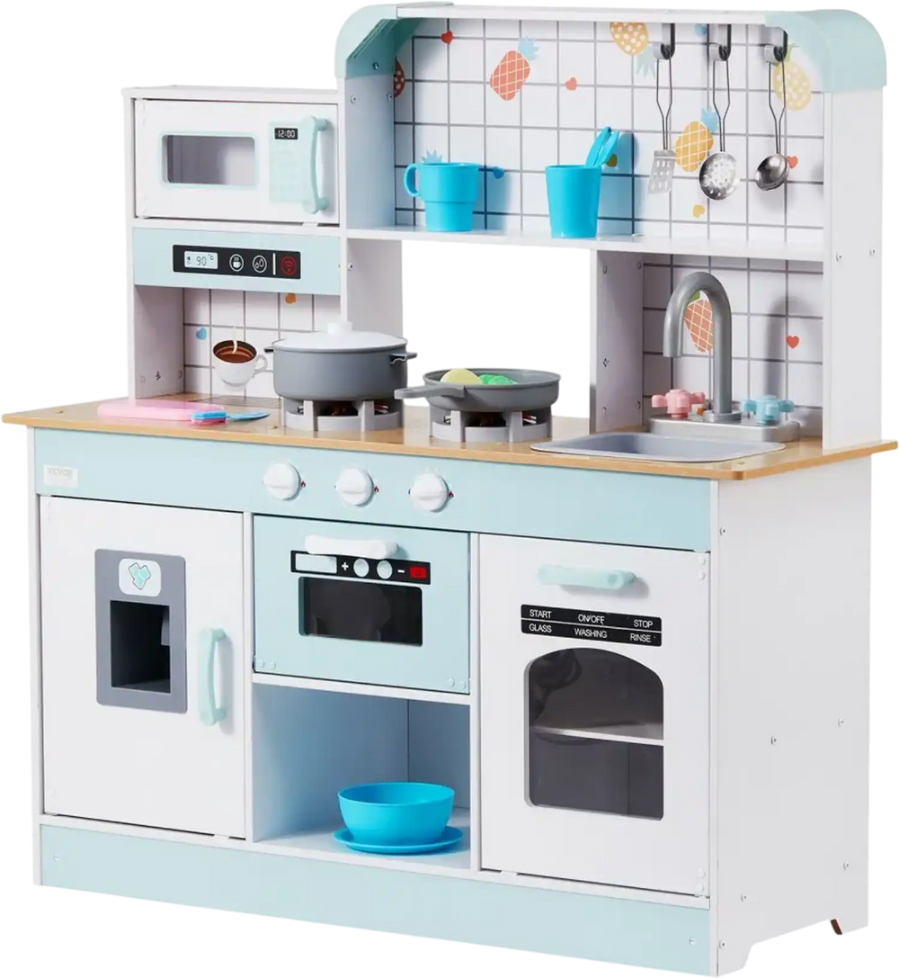 VEVOR Play Kitchen for Kids, Wooden Toy Kitchen Set with Lights and Sounds, Toddler Kitchen with Ice Maker, Oven, Sink, Microwaves, Fridge and Utensil and Fruit Accessory for Toddlers ages 3-8, White