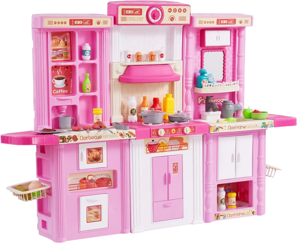 VEVOR Kids Kitchen Playset, 3-in-1 Toddler Kitchen with Simulated Spray, Sounds and Lights, Play Kitchen Set with 74 PCS Cooking Accessory Set for Toddlers, Preschoolers, Children Ages 3-8, Pink