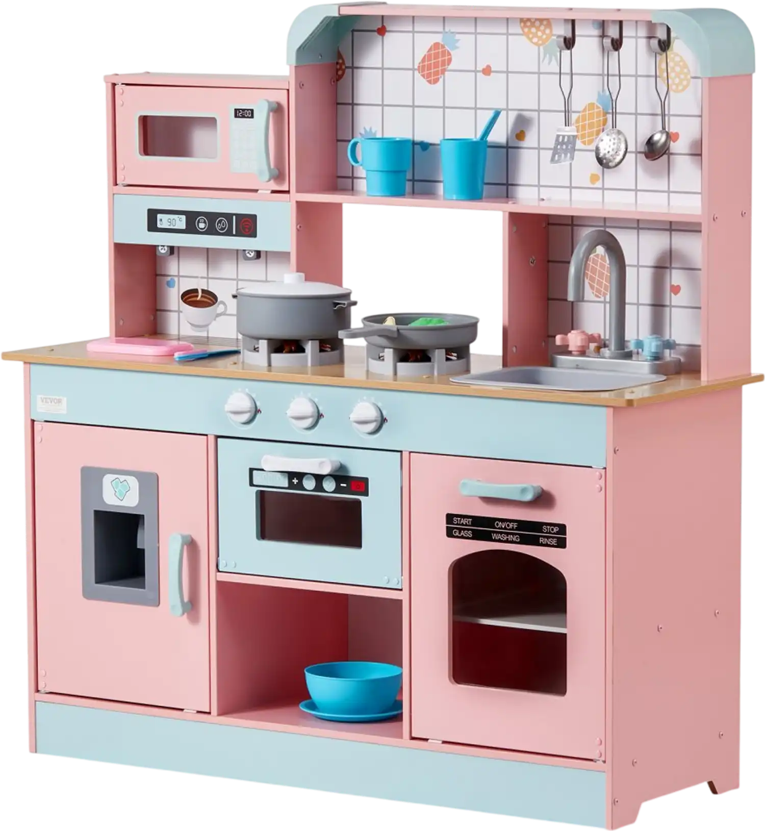 Vevor Play Kitchen Wooden Kids Kitchen Set with Lights and Sounds Pink New