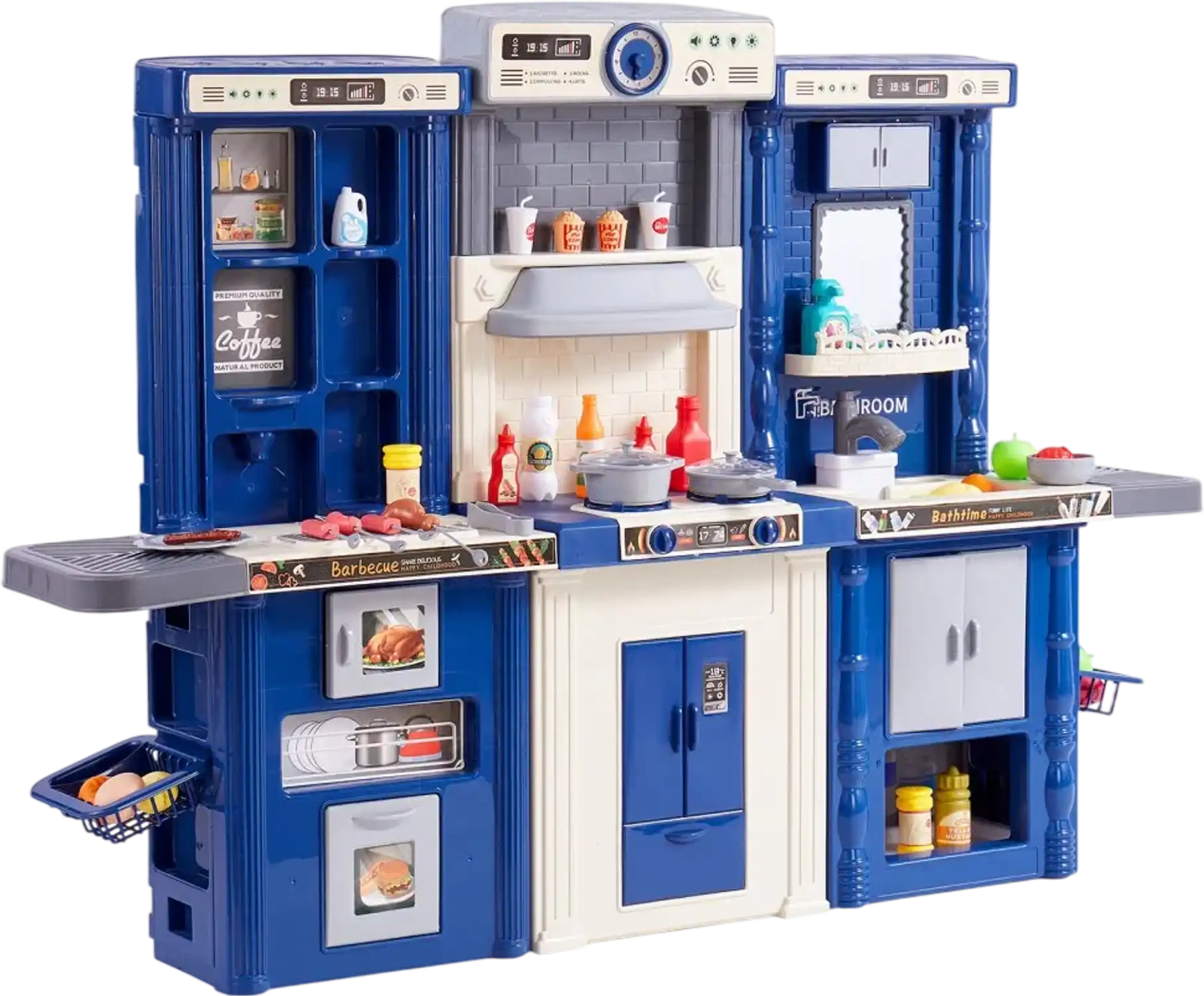 Vevor Kitchen Playset 3-in-1 Blue Kids Pretend Cooking Toy with 74-Piece Accessories New