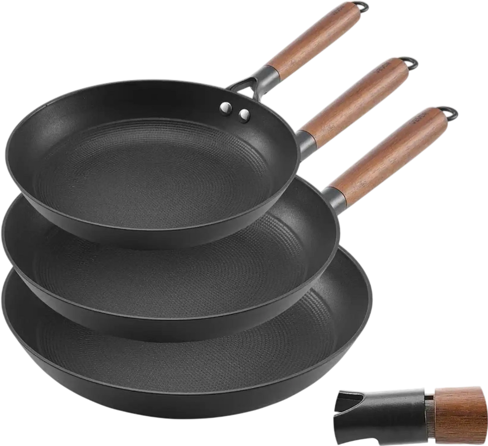 VEVOR Cast Iron Skillet, 3-Piece Frying Pan Set (8, 10, 12 in), Nonstick Skillets with Detachable Wood Handle, Pre-Seasoned Chef's Pan, Kitchen Cookware for Gas, Electrical, and Induction, Black