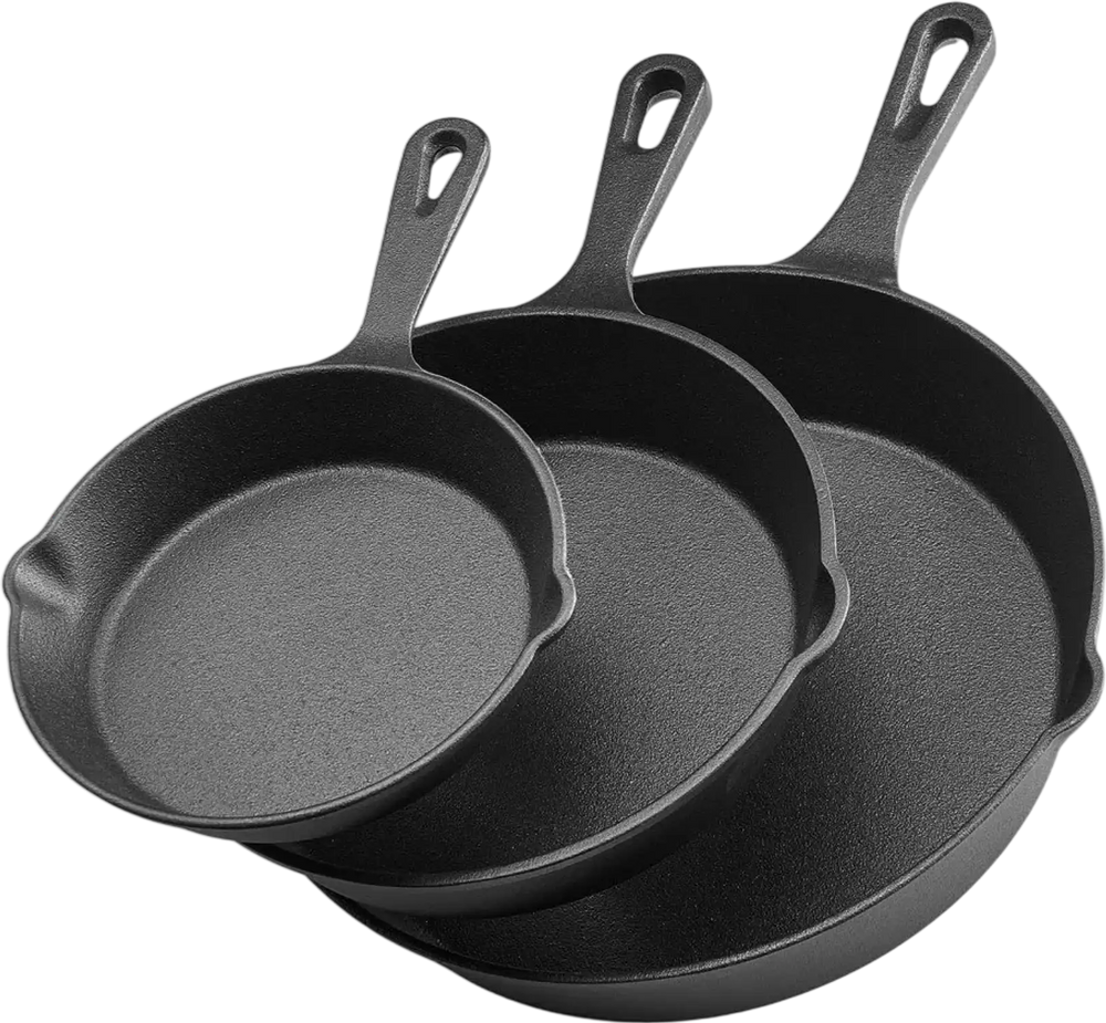 VEVOR Cast Iron Skillet, 3-Piece Frying Pan Set (6, 8, 10 in), Heavy-Duty Skillets with Heat-Resistant Handle, Pre-Seasoned Chef's Pan, Kitchen Cookware, for Oven, Gas, Electrical, Induction, Black