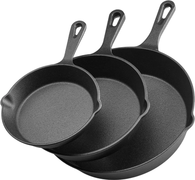 VEVOR Cast Iron Skillet, 3-Piece Frying Pan Set (6, 8, 10 in), Heavy-Duty Skillets with Heat-Resistant Handle, Pre-Seasoned Chef's Pan, Kitchen Cookware, for Oven, Gas, Electrical, Induction, Black