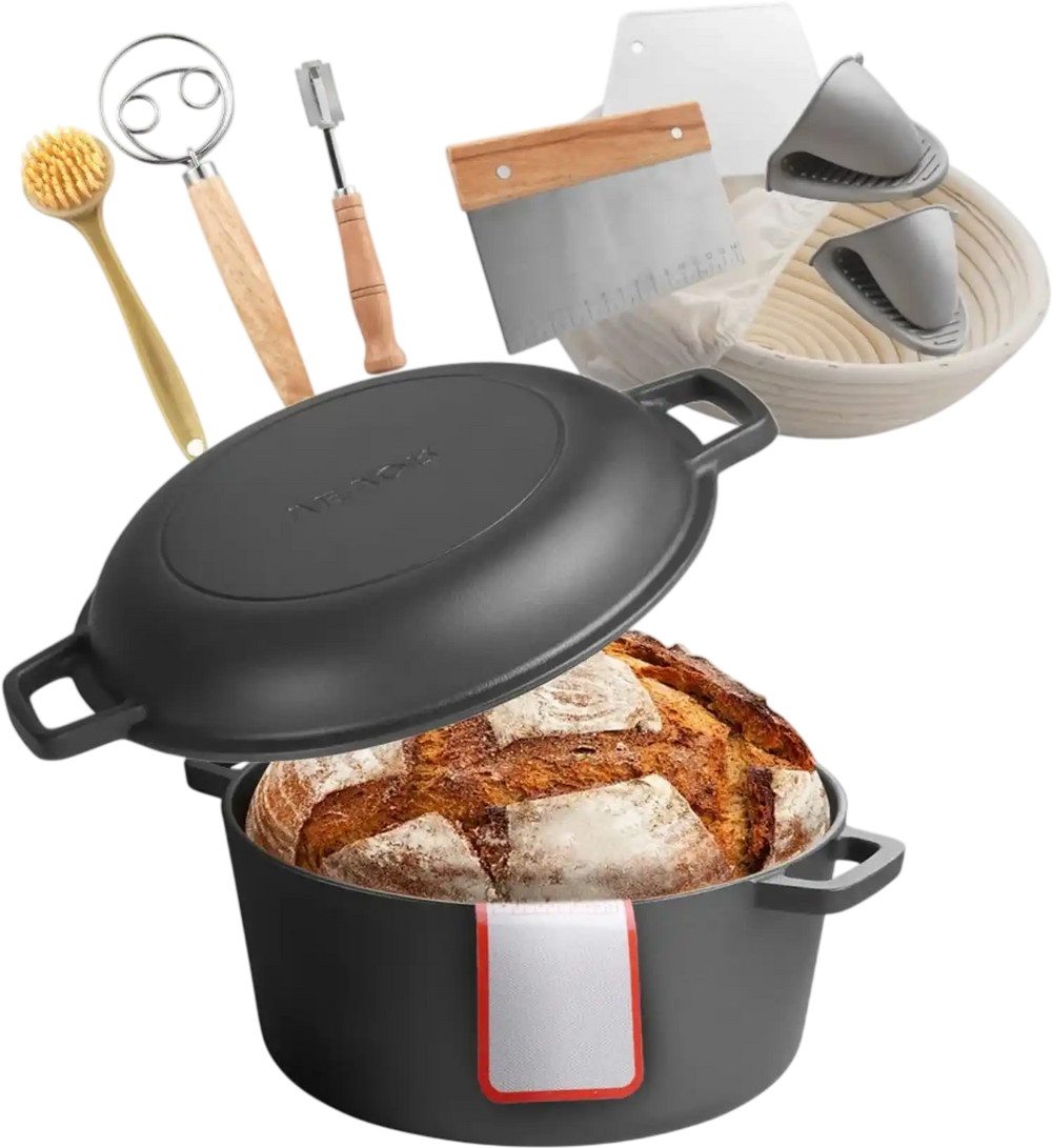 VEVOR Cast Iron Dutch Oven, 2-in-1 Pre-Seasoned Pot with Skillet Lid, 5QT Cookware Pan with Proofing Basket, Bread Baking Accessories, Bread-Oven Compatible 500℉