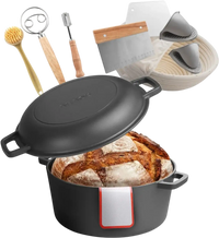 VEVOR Cast Iron Dutch Oven, 2-in-1 Pre-Seasoned Pot with Skillet Lid, 5QT Cookware Pan with Proofing Basket, Bread Baking Accessories, Bread-Oven Compatible 500℉