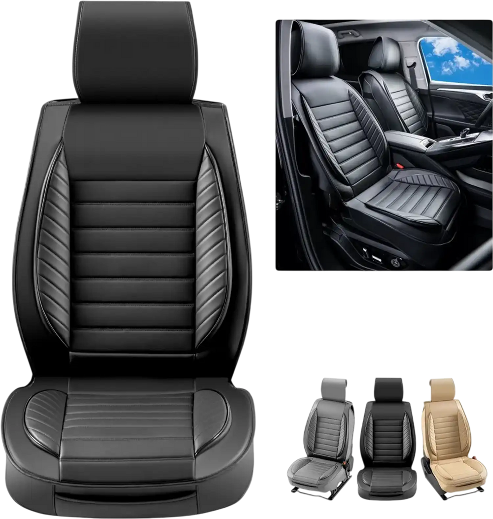 VEVOR Seat Covers, Universal Car Seat Covers Front Seats, 2pcs Faux Leather Seat Cover, Semi-enclosed Design, Detachable Headrest and Airbag Compatible, for Most Cars SUVs and Trucks Black