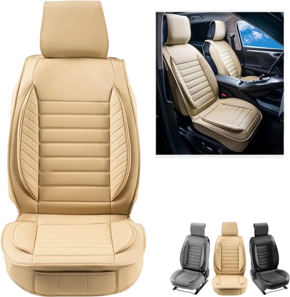 VEVOR Seat Covers, Universal Car Seat Covers Front Seats, 2pcs Faux Leather Seat Cover, Semi-enclosed Design, Detachable Headrest and Airbag Compatible, for Most Cars SUVs and Trucks Beige