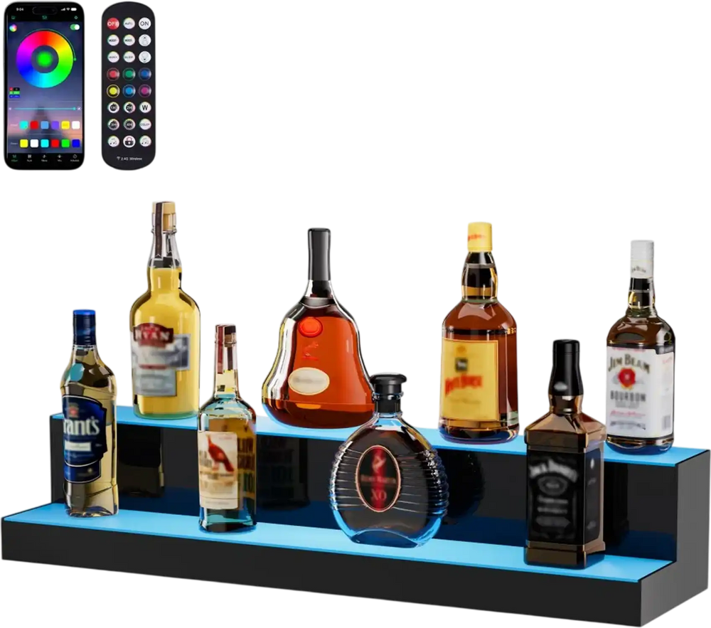 VEVOR LED Lighted Liquor Bottle Display, 2 Tiers 30 Inch Commercial Illuminated Home Bar Shelf, 2 Steps Whiskey Rack Stand, Acrylic Drink Shelves with RF Remote & App Control, and Multicolor lighting