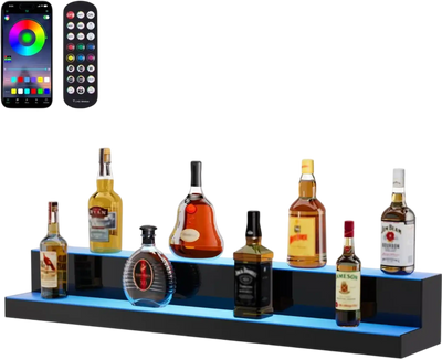 VEVOR LED Lighted Liquor Bottle Display, 2 Tiers 40 Inch Commercial Illuminated Home Bar Shelf, 2 Steps Whiskey Rack Stand, Acrylic Drink Shelves with RF Remote & App Control, and Multicolor lighting