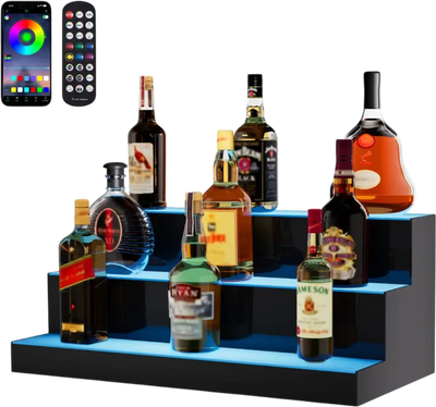 VEVOR LED Lighted Liquor Bottle Display, 3 Tiers 24 Inch Commercial Illuminated Home Bar Shelf, 3 Steps Whiskey Rack Stand, Acrylic Drink Shelves with RF Remote & App Control, and Multicolor lighting