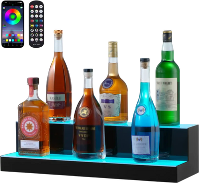 VEVOR LED Lighted Liquor Bottle Display, 2 Tiers 24 Inch Commercial Illuminated Home Bar Shelf, 2 Steps Whiskey Rack Stand, Acrylic Drink Shelves with RF Remote & App Control, and Multicolor lighting