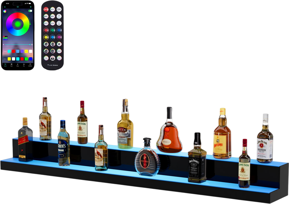VEVOR LED Lighted Liquor Bottle Display, 2 Tiers 60 Inch Commercial Illuminated Home Bar Shelf, 2 Steps Whiskey Rack Stand, Acrylic Drink Shelves with RF Remote & App Control, and Multicolor lighting