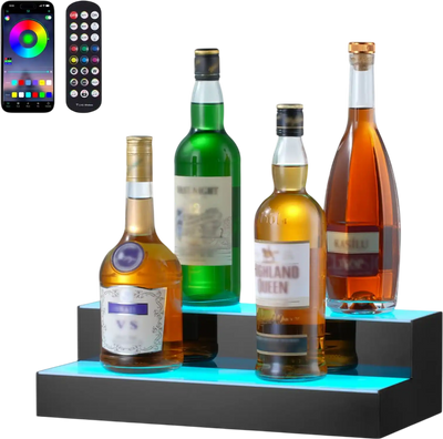 VEVOR LED Lighted Liquor Bottle Display, 2 Tiers 16 Inch Commercial Illuminated Home Bar Shelf, 2 Steps Whiskey Rack Stand, Acrylic Drink Shelves with RF Remote & App Control, and Multicolor lighting