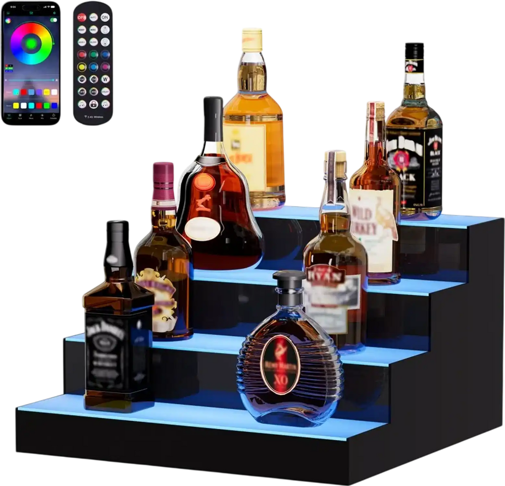 VEVOR LED Lighted Liquor Bottle Display, 4 Tiers 16 Inch Commercial Illuminated Home Bar Shelf, 4 Steps Whiskey Rack Stand, Acrylic Drink Shelves with RF Remote & App Control, and Multicolor lighting