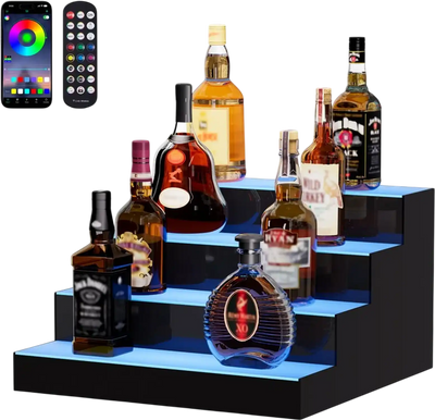 VEVOR LED Lighted Liquor Bottle Display, 4 Tiers 16 Inch Commercial Illuminated Home Bar Shelf, 4 Steps Whiskey Rack Stand, Acrylic Drink Shelves with RF Remote & App Control, and Multicolor lighting