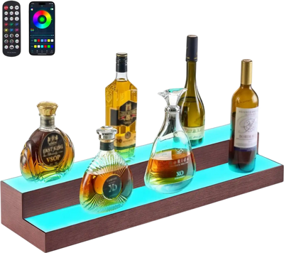 VEVOR LED Lighted Liquor Bottle Display, 2-Tier 30-Inch Whiskey Rack, Support USB, Illuminated Home Bar Shelf with RF Remote & App Control, 7 Static Colors, Acrylic+ Wood Lighted Shelf for 15 Bottles