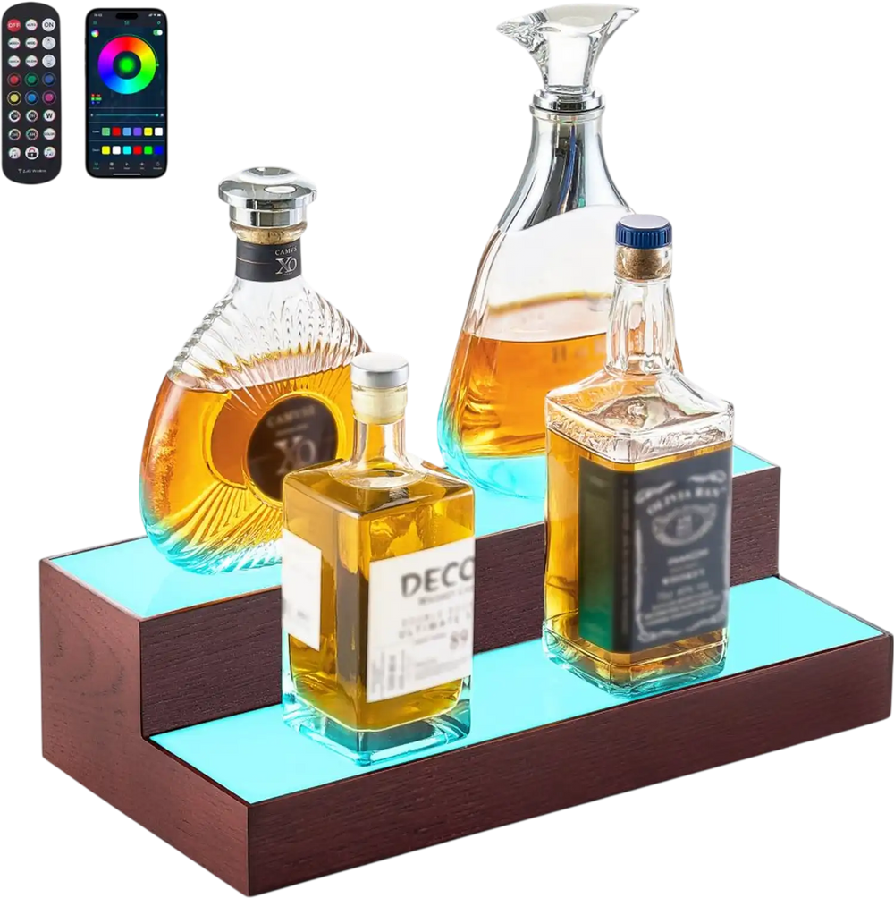 VEVOR LED Lighted Liquor Bottle Display, 2-Tier 16 Inch Whiskey Rack, Supports USB, Illuminated Home Bar Shelf with RF Remote & App Control, 7 Static Colors, Acrylic+ Wood Lighted Shelf for 8 Bottles
