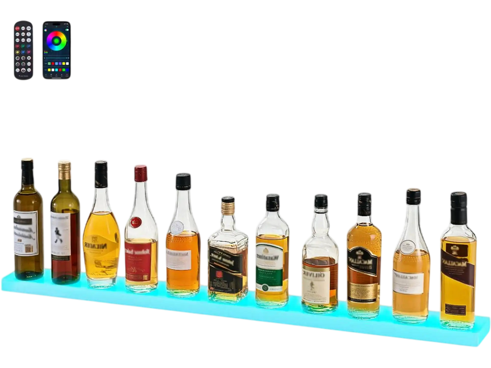 VEVOR LED Lighted Liquor Bottle Display, 1-Tier 48 Inches Whiskey Rack, Supports USB, Illuminated Home Bar Shelf with RF Remote & App Control, 7 Static Colors, Acrylic Lighted Shelf for 12 Bottles