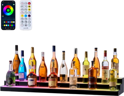 VEVOR LED Lighted Liquor Bottle Display, 3 Tiers 48 inches, Acrylic Illuminated Home Bar Shelf Display with RF Remote & App Control, DIY Setup with Type-C Cables, 9 Static Colors, for 36-48 Bottles